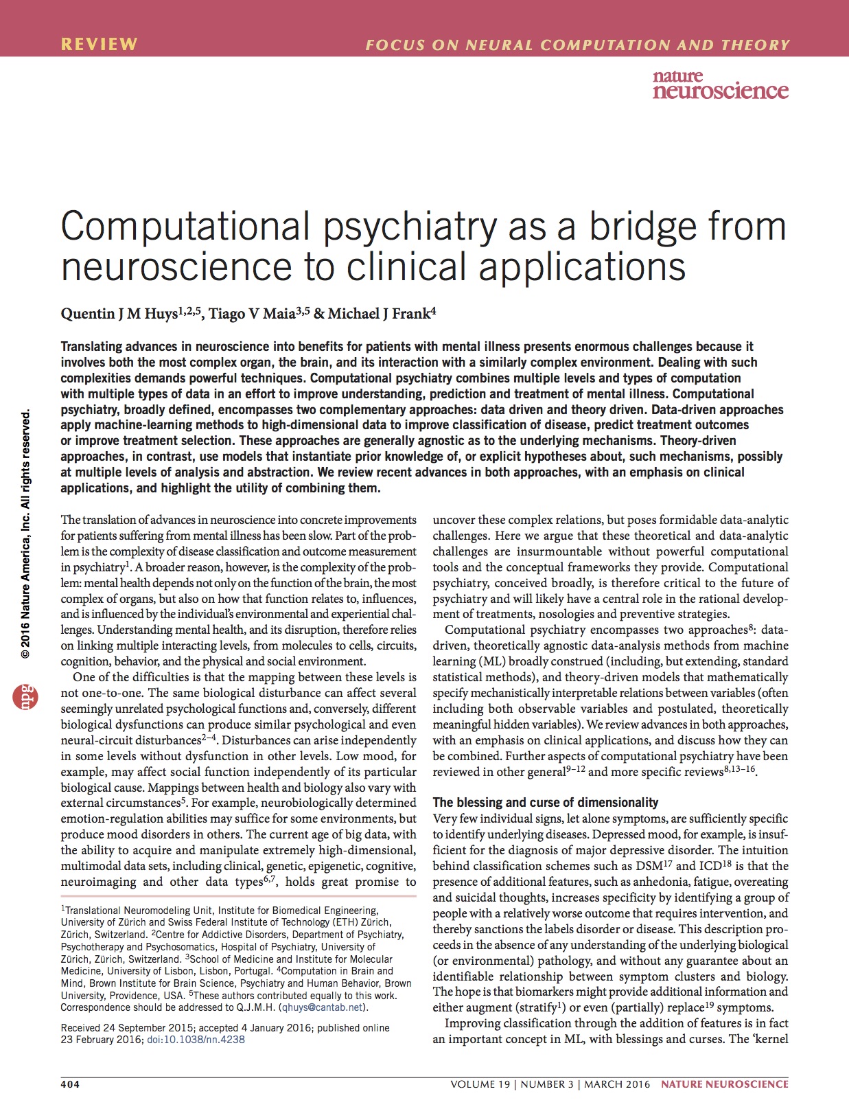 Huys et al., 2016 Nat. Neurosci.